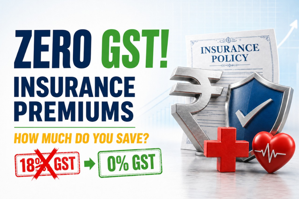 Zero GST on health insurance headline with rupee symbol and policy