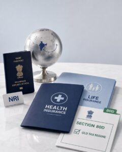 Desk showcasing a passport, globe model, health insurance, life insurance, and section 80d card