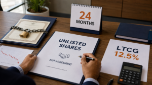 Person working on desk with documents titled ulisted shares, 24 months, and ltcg 12.5 percent