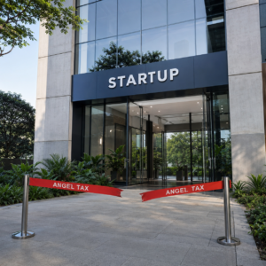 Building with the title startup on it and a cut ribbon with angel tax in front