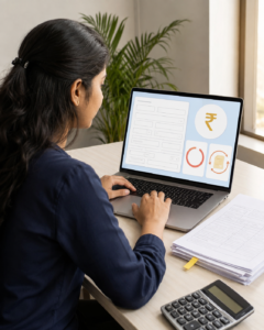 Woman looking at laptop screen for income tax act
