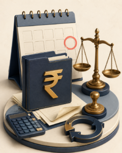 Calendar, rupee symbol journal, calculator, stamp, and weighing justice on a table