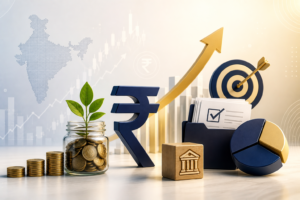Potted plant, rupee symbol, bank model, target model, pie chart model, and documents on a table