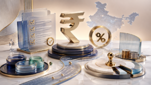 Rupee, discount, map, and document structure on a table