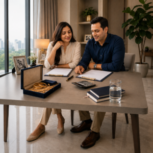 A couple taking out a gold loan with jewellery