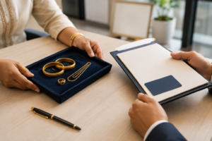 A woman getting a gold loan against her jewelry