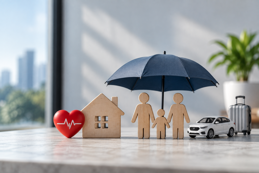 Umbrella providing cover to cardboard couple, child, house, car, health, and travel, depicting insurance coverage