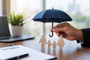 A hand holding a small umbrella over cardboard cutout family showcasing insurance protection