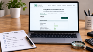 Laptop with the website open showing verify mutual fund distributor