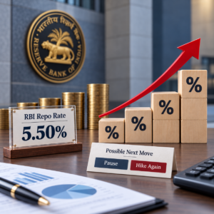 Reserve bank of india logo with repo rate hike 5.50% displayed in front